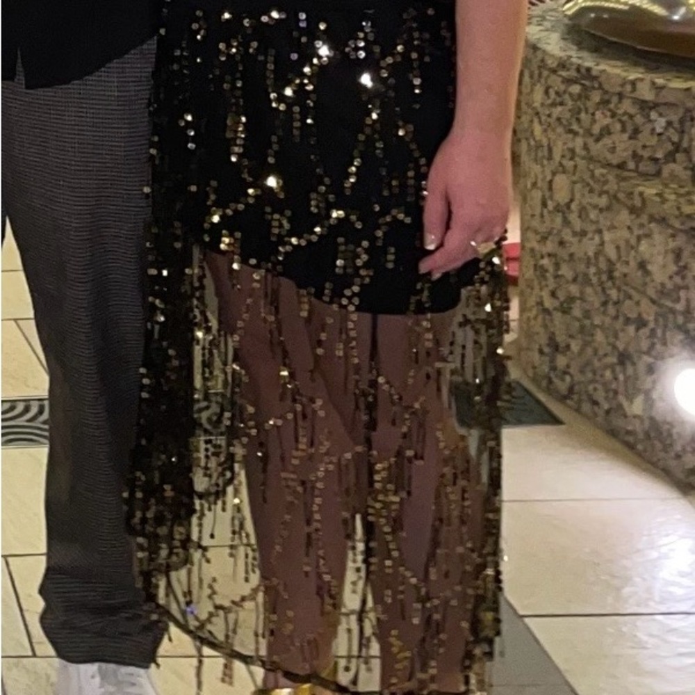 ✨ En Crème Black & Gold Sequin Mesh Overlay Skirt | Size L ✨